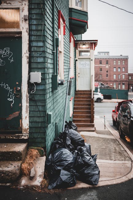 A sanitation worker wearing a high-visibility orange vest is positioned behind a red rubbish collection truck on the side of a road, with the rear compactor open and partially filled with waste. The w